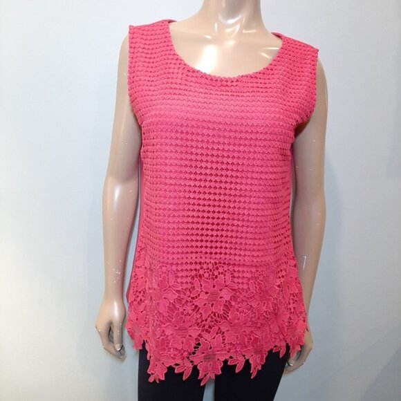 3/$20 Cleo Sleeveless Crochet Overlay Top Floral Lace Hem Barbie Pink Scoop Neck - Picture 11 of 11